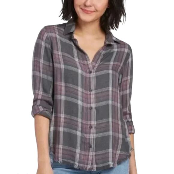 Anthropologie Cloth & Stone Top Womens Size Medium Gray & Pink Plaid Flannel - Picture 3 of 16